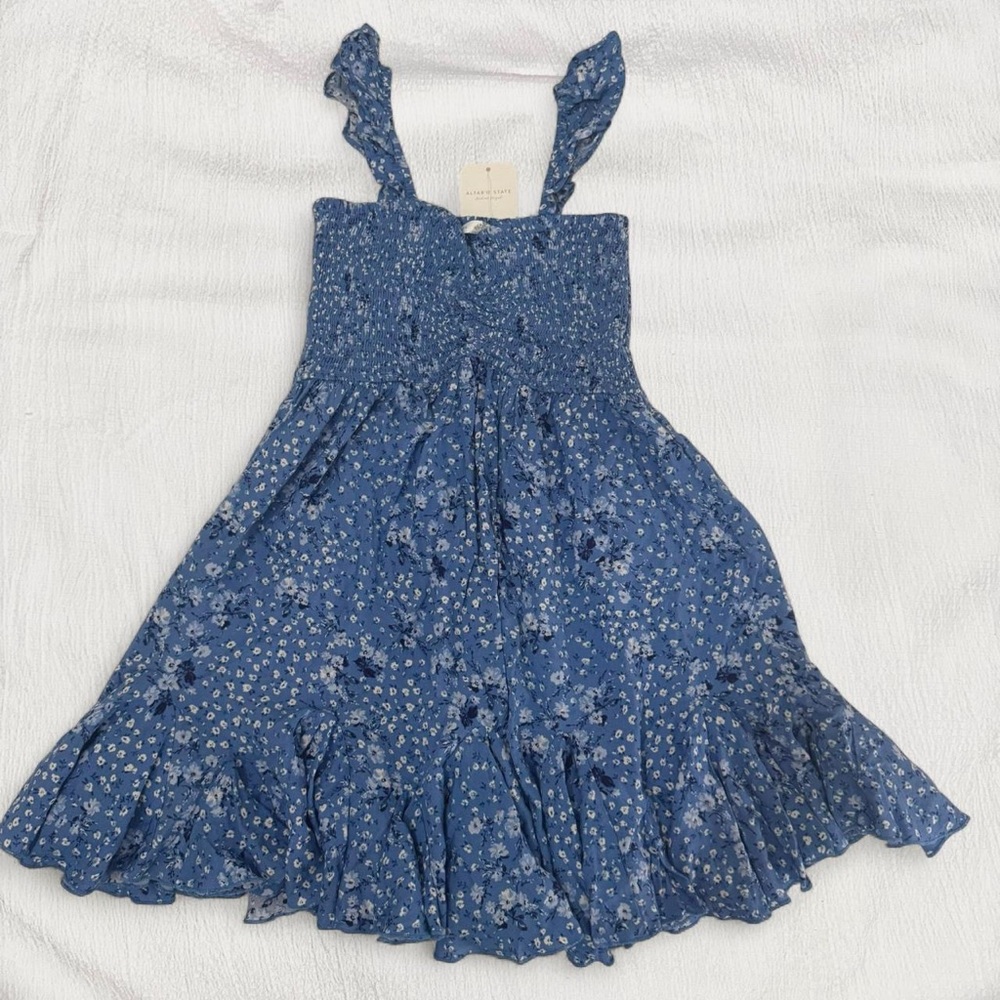(SOLD) Altar'd State “Bowina Dusty Blue Mini Dress” in Size XS